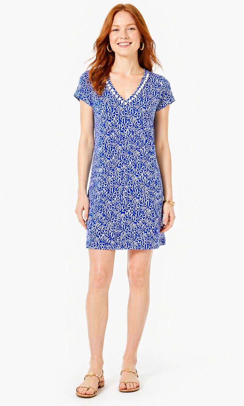 Lilly Pulitzer Etta Pom Pom V Neck T Shirt Dress Mini Womens Size Small Blue